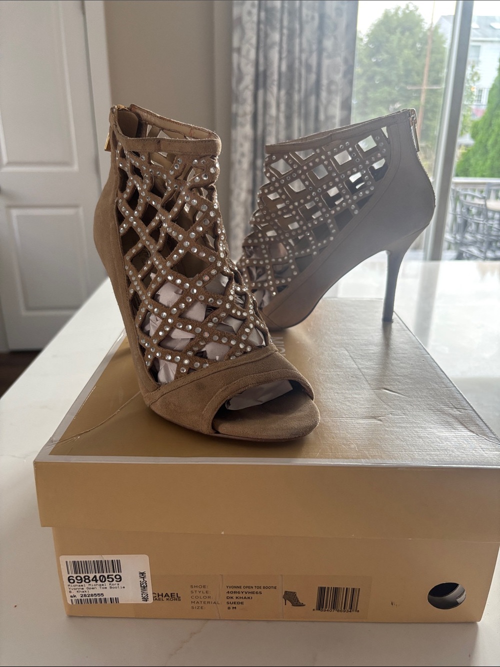 Michael Kors Taupe Lattice Cutout Peep-Toe Heels with Stud Accents